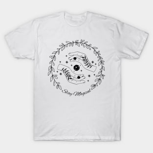 Line art floral wreath with astrology elements, stay magical T-Shirt